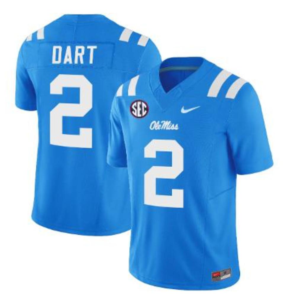 Mens Jaxson Dart Jersey 2 Ole Miss Rebels Football Vapor Limited Powder Blue