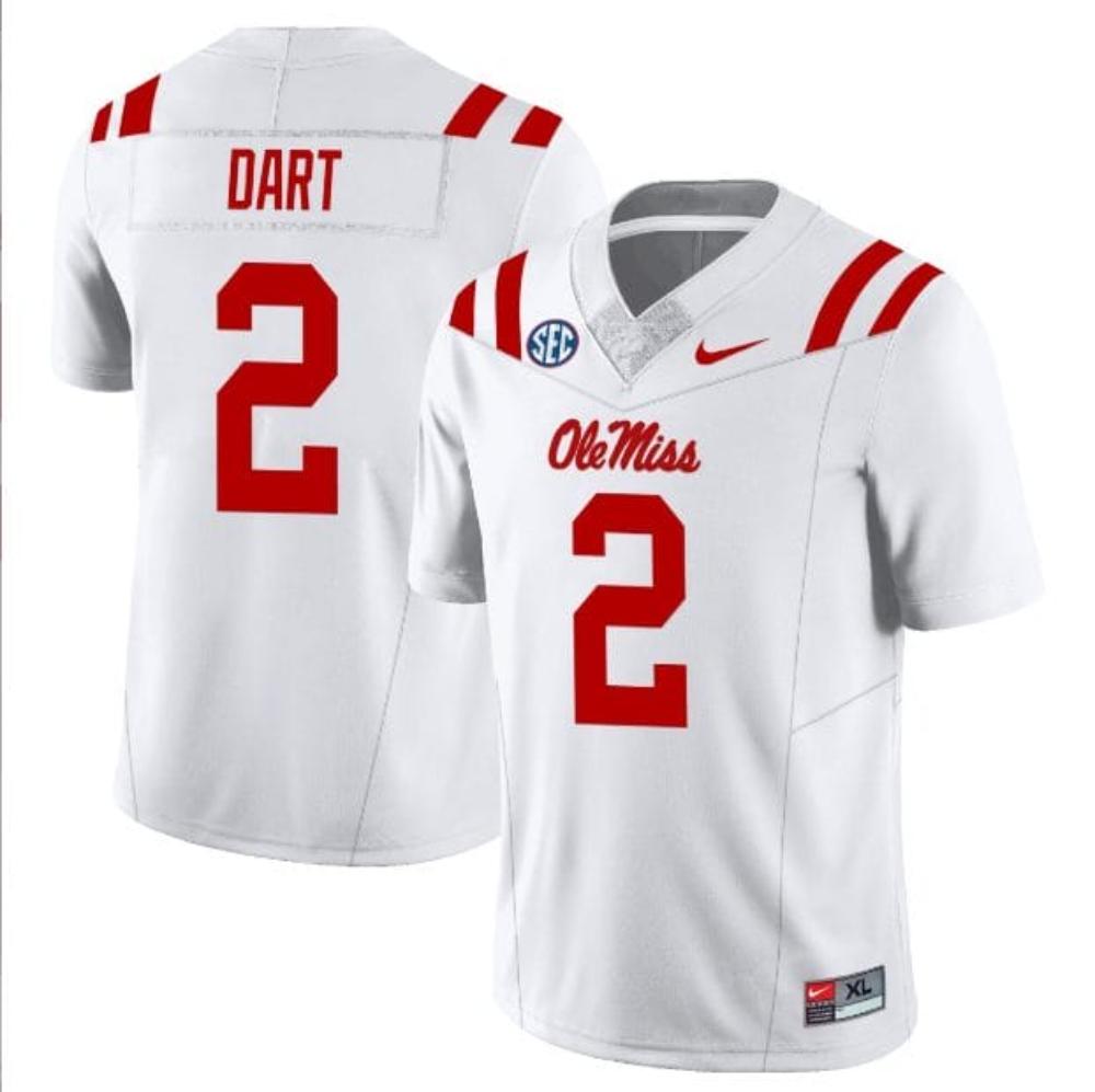 Mens Jaxson Dart Jersey 2 Ole Miss Rebels Football White