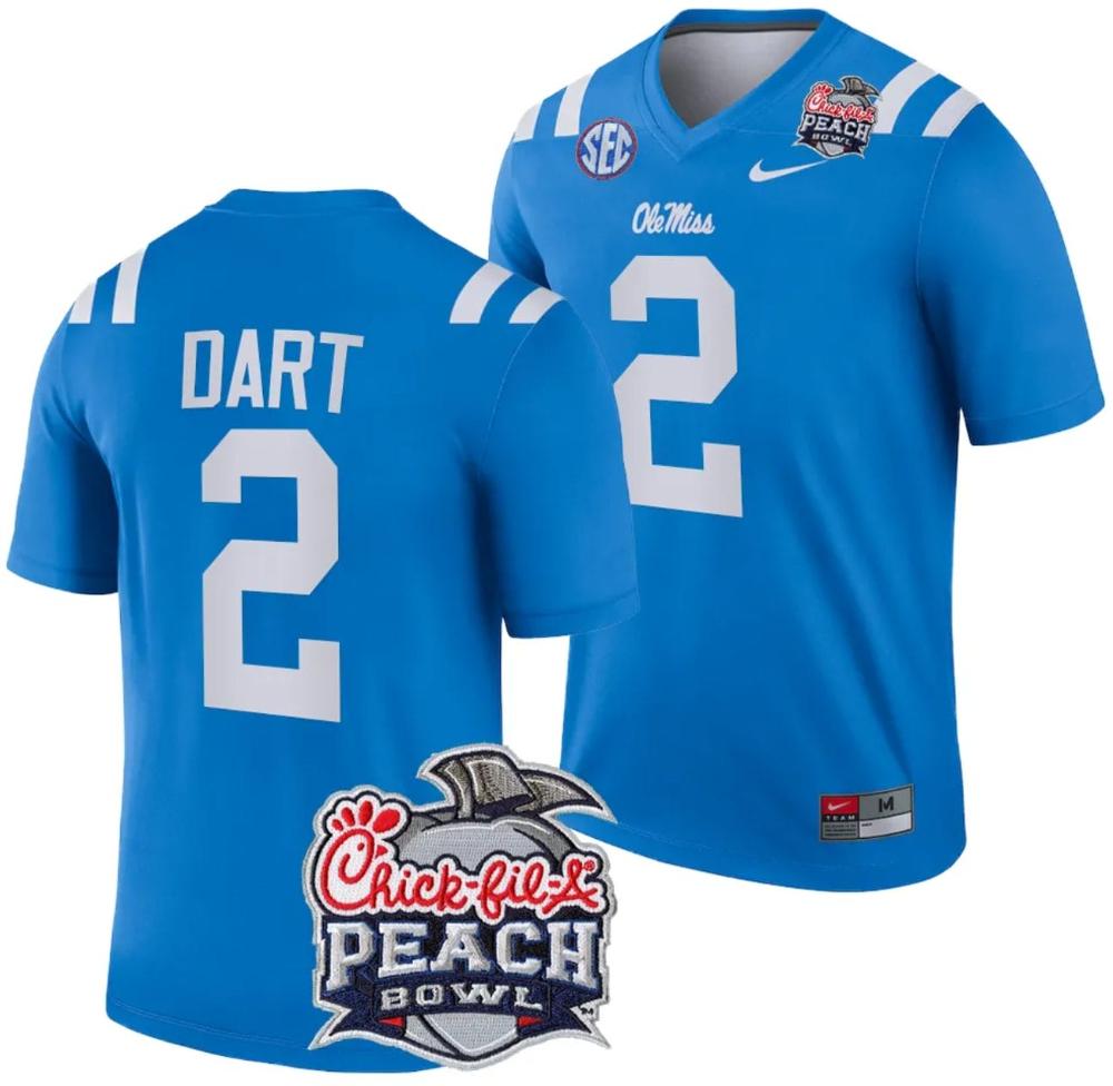 Mens Jaxson Dart Jersey 2 Ole Miss Rebels Peach Bowl Patch 2024 College Blue
