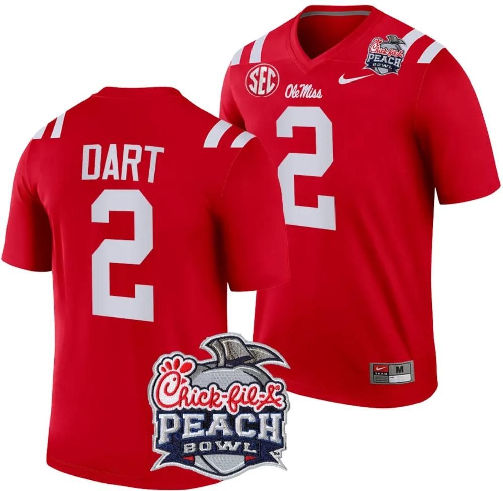 Mens Jaxson Dart Jersey 2 Ole Miss Rebels Peach Bowl Patch 2024 College Red