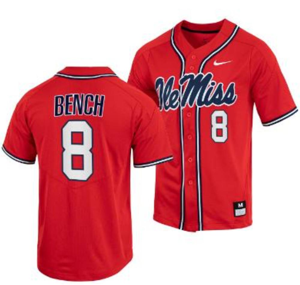 Mens Justin Bench Jersey 8 Ole Miss Rebels College Baseball Red Stitched