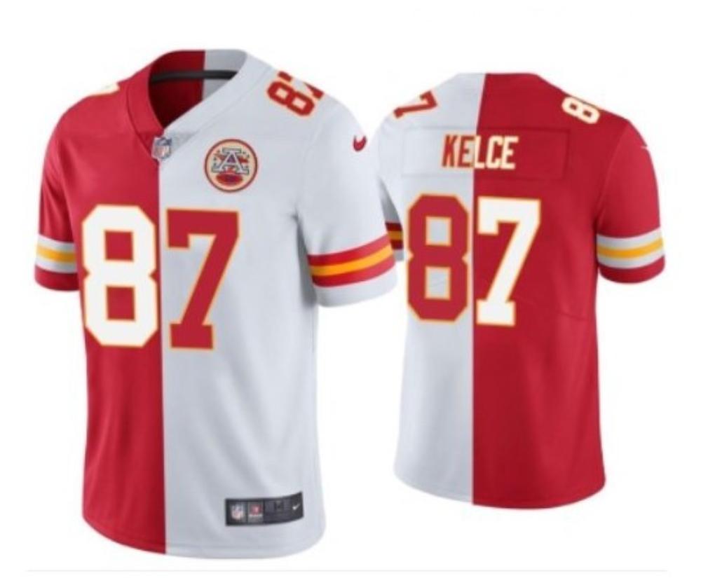 Mens Kansas City Chiefs 87 Travis Kelce Red White Split Limited Jersey