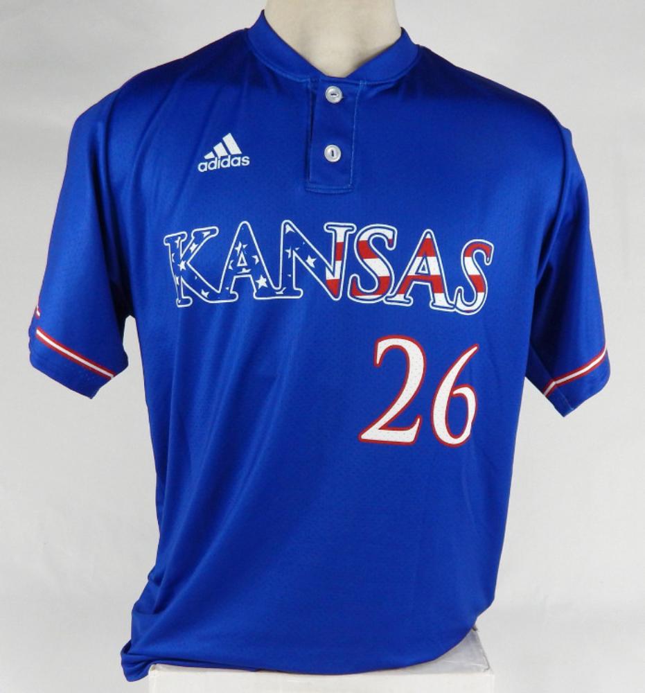 Mens Kansas Jayhawks Team issued 26 Blue Baseball Jersey All Stitched