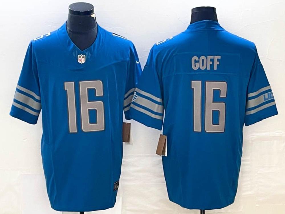 Mens Lions 16 Jared Goff Blue 2023 Stitched Jersey