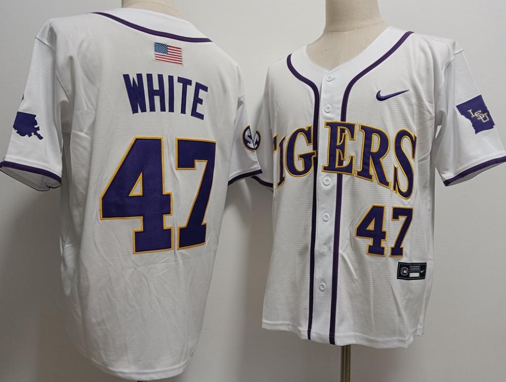 Mens Lsu Tigers 47 Tommy White Baseball Jersey