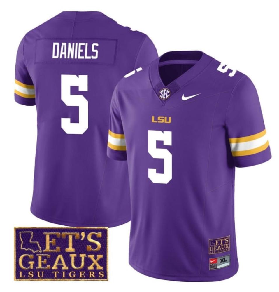 Mens Lsu Tigers Jayden Daniels Jersey 5 College Lets Geaux Patch Stitched Pur
