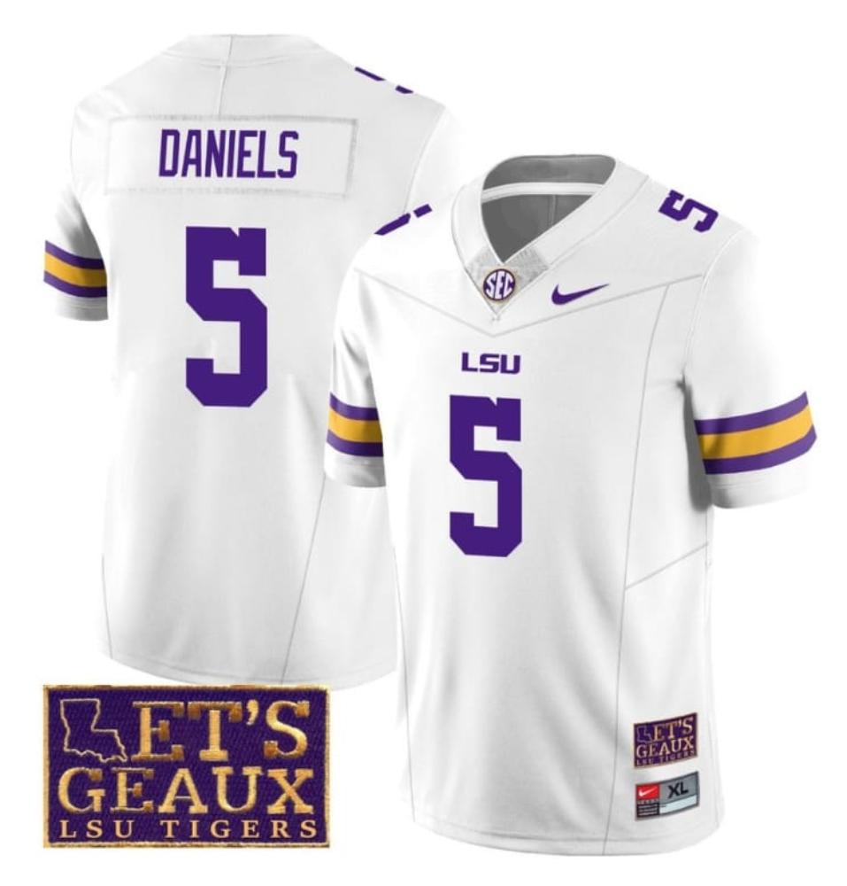 Mens Lsu Tigers Jayden Daniels Jersey 5 College Lets Geaux Patch Stitched Whi