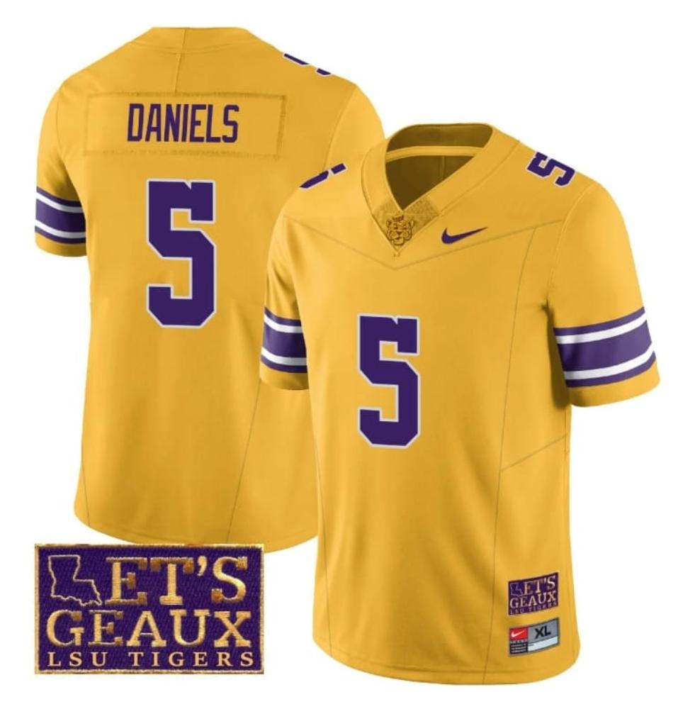 Mens Lsu Tigers Jayden Daniels Jersey 5 College Lets Geaux Patch Stitched Yel