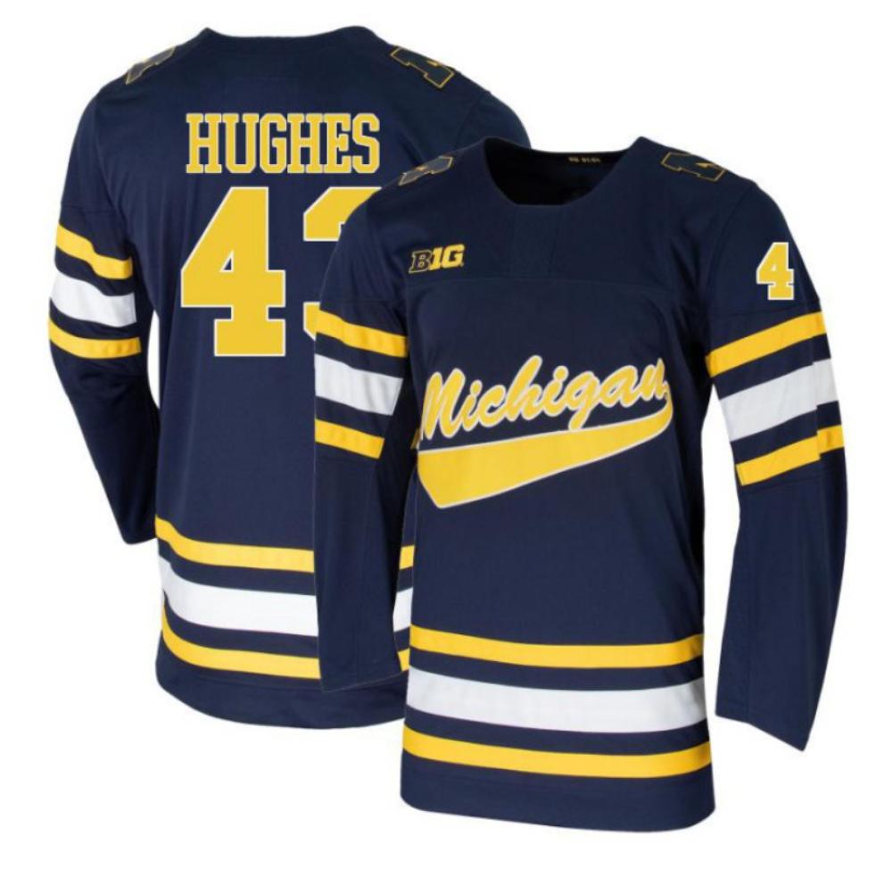 Mens Luke Hughes 43 Navy Michigan Wolverines Hockey Jersey