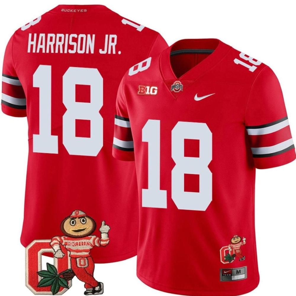 Mens Marvin Harrison Jr Jersey 18 Ohio State Buckeyes Mascot Patch Scarlet