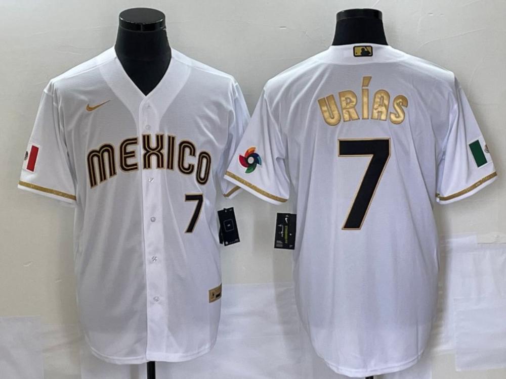 Mens Mexico Baseball 7 Julio Urias 2023 White Gold World Classic Jersey