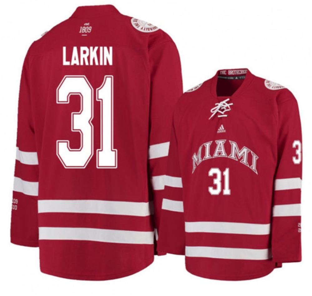 Mens Miami University Redhawks 31 Ryan Larkin Red College Hockey Jersey