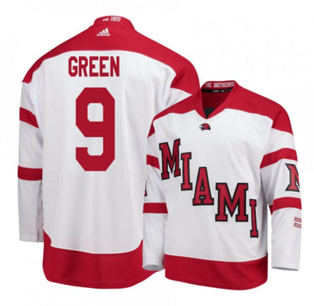 Mens Miami University Redhawks 9 Gordie Green White College Hockey Jersey