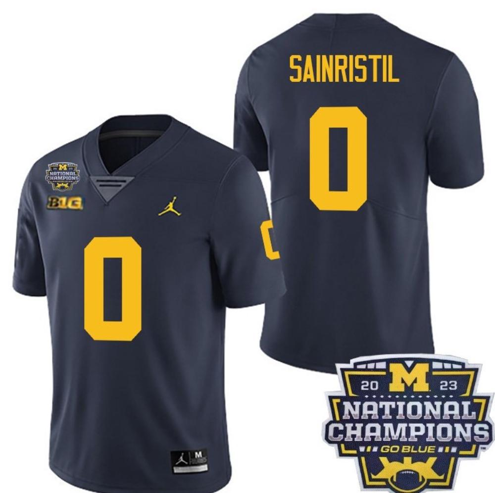 Mens Michigan Wolverines 0 Mike Sainristil Navy National Champions Jersey