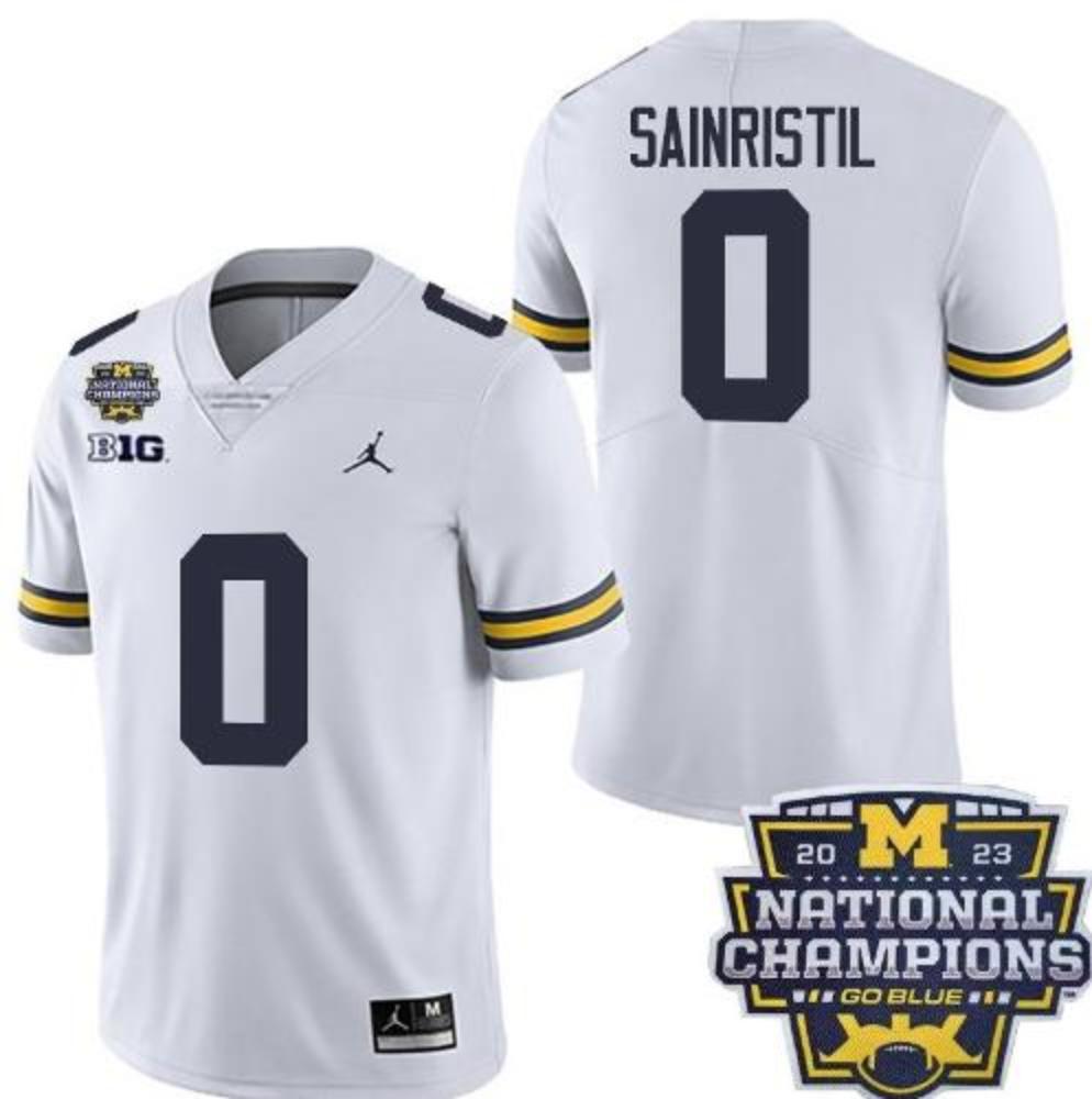 Mens Michigan Wolverines 0 Mike Sainristil White National Champions Jersey