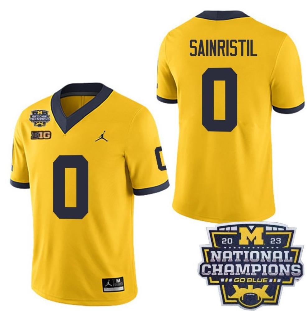 Mens Michigan Wolverines 0 Mike Sainristil Yellow National Champions Jersey