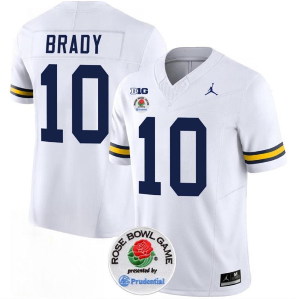 Mens Michigan Wolverines 10 Tom Brady 2023 White Rose Bowl Jersey