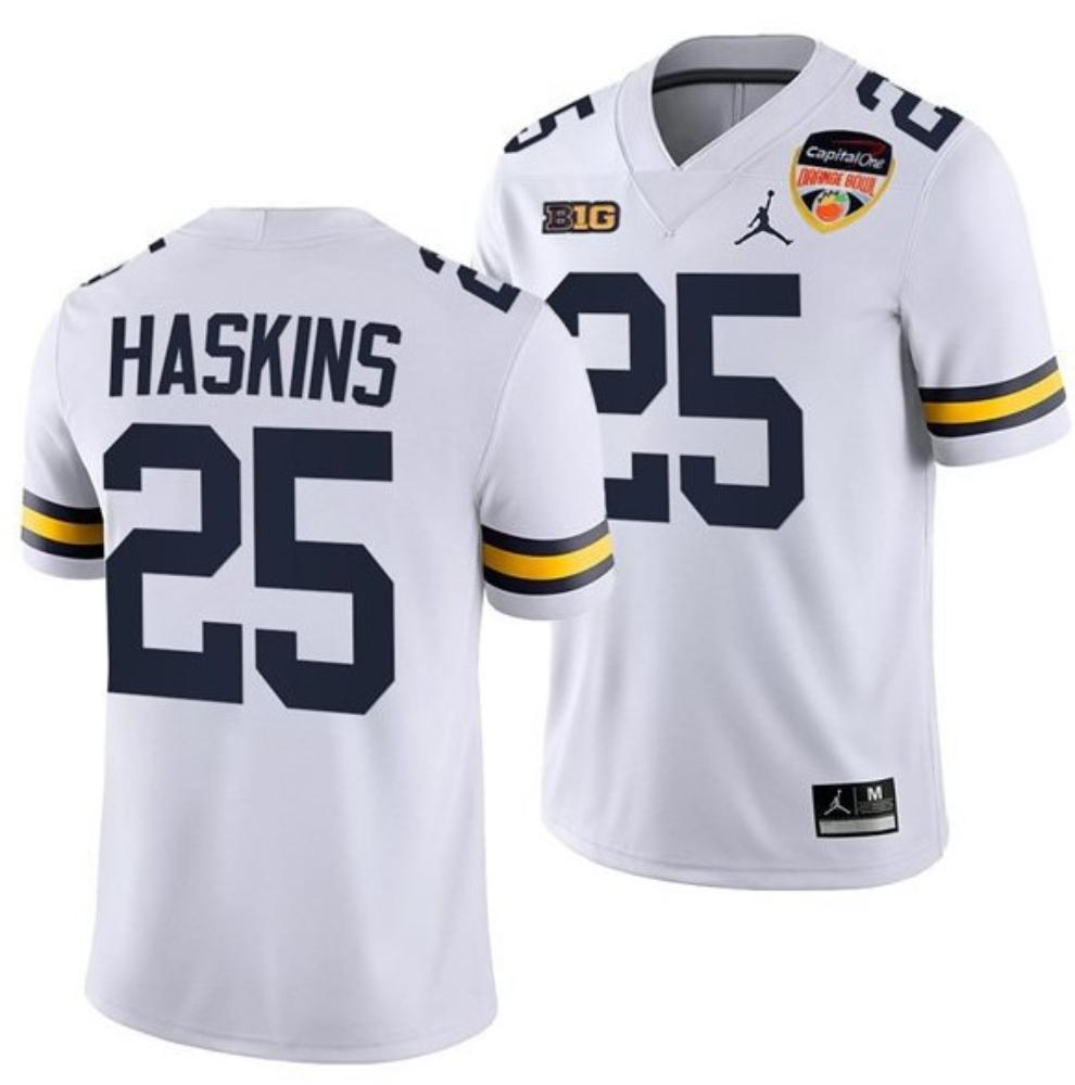 Mens Michigan Wolverines 25 Hassan Haskins White Stitched Football Jersey