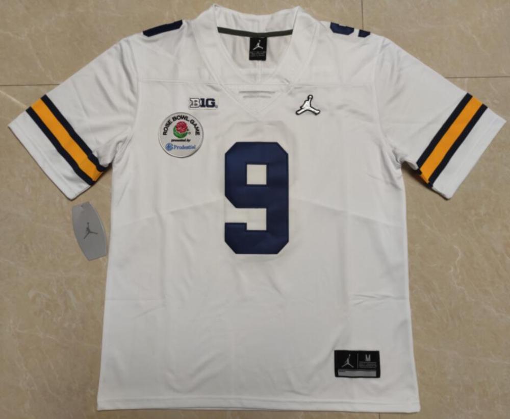 Mens Michigan Wolverines 9 Jj Mccarthy White Rose Bowl Pacth Jersey