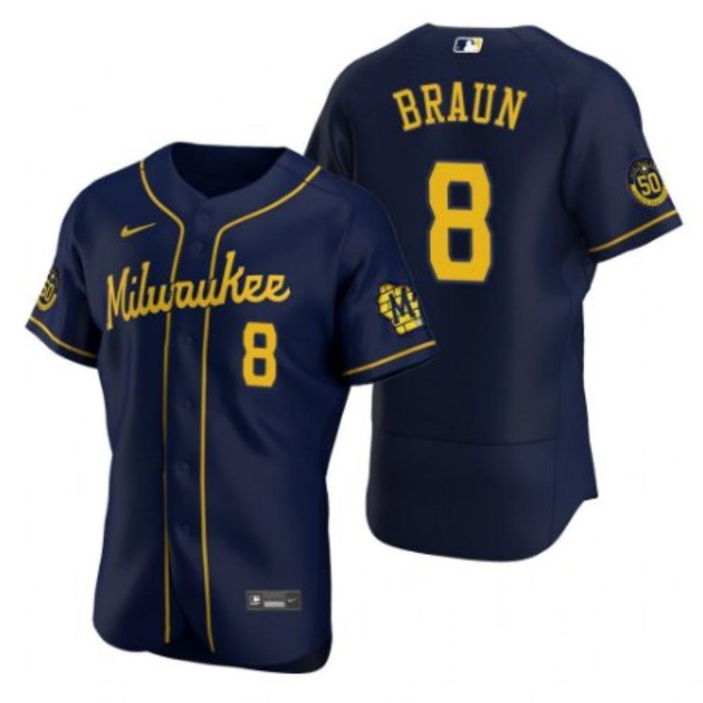 Mens Milwaukee Brewers 8 Ryan Braun Flex Baseball Jersey Navy Blue