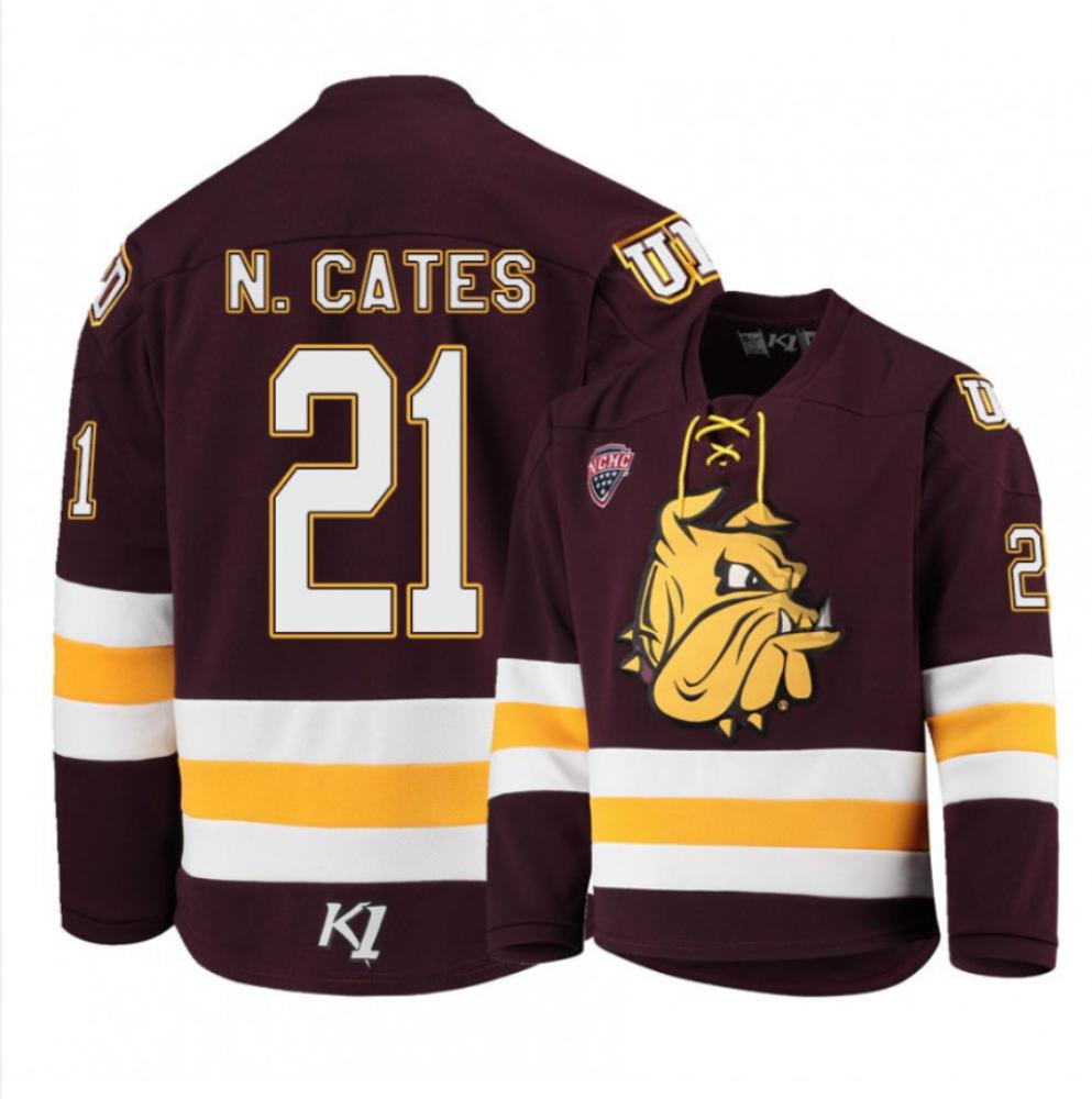 Mens Minnesota Duluth Bulldogs 21 Noah Cates Red Hockey Jersey