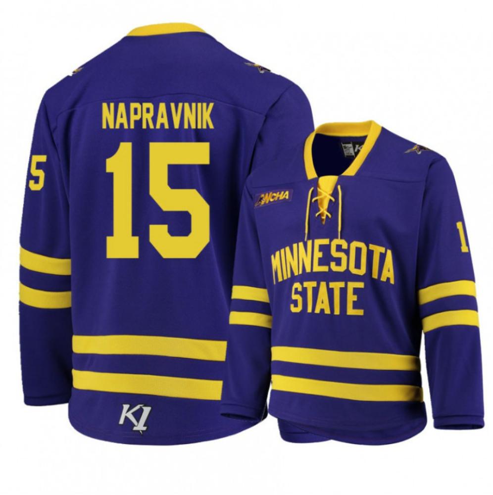 Mens Minnesota State U Mankato 15 Julian Napravnik Purple Hockey Jersey