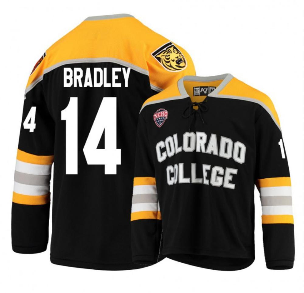 Mens Ncaa 2024 Colorado College Tigers 14 Trey Bradley Black Hockey Jersey
