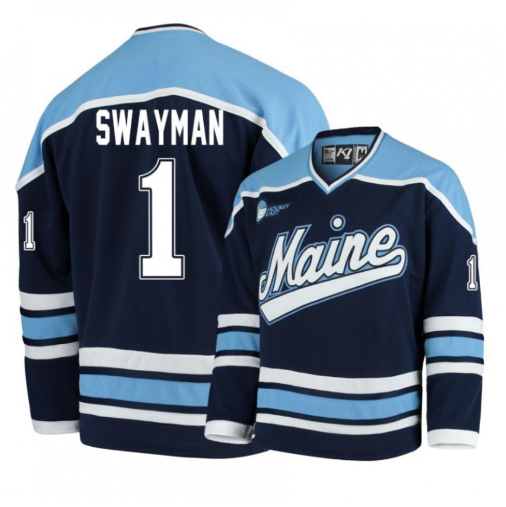 Mens Ncaa 2024 Maine Black Bears 1 Jeremy Swayman Navy Blue Hockey Jersey
