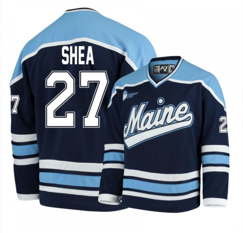 Mens Ncaa 2024 Maine Black Bears 27 Patrick Shea Navy Blue Hockey Jersey