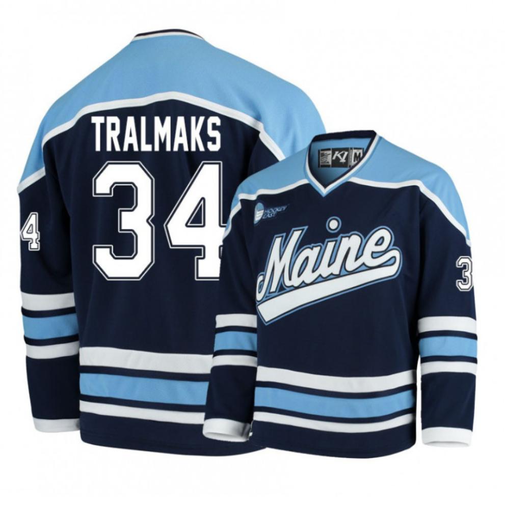 Mens Ncaa 2024 Maine Black Bears 34 Eduards Tralmaks Navy Blue Hockey Jersey
