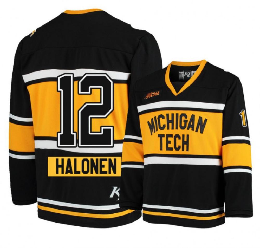 Mens Ncaa 2024 Michigan Tech Huskies 12 Brian Halonen Black Hockey Jersey