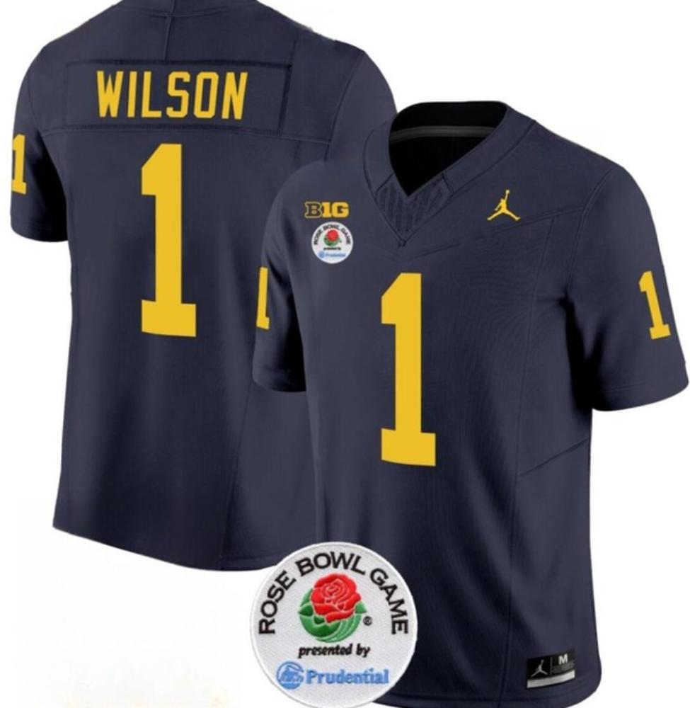 Mens Ncaa Wolverines 1 Roman Wilson 2023 Navy Rose Bowl Patch Jersey