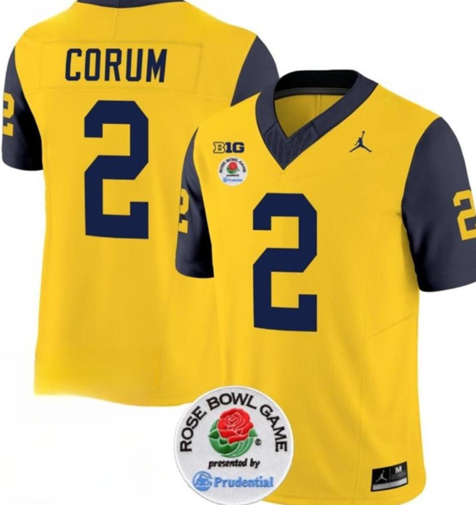 Mens Ncaa Wolverines 2 Blake Corum 2023 Fuse Yellow Navy Rose Bowl Patch
