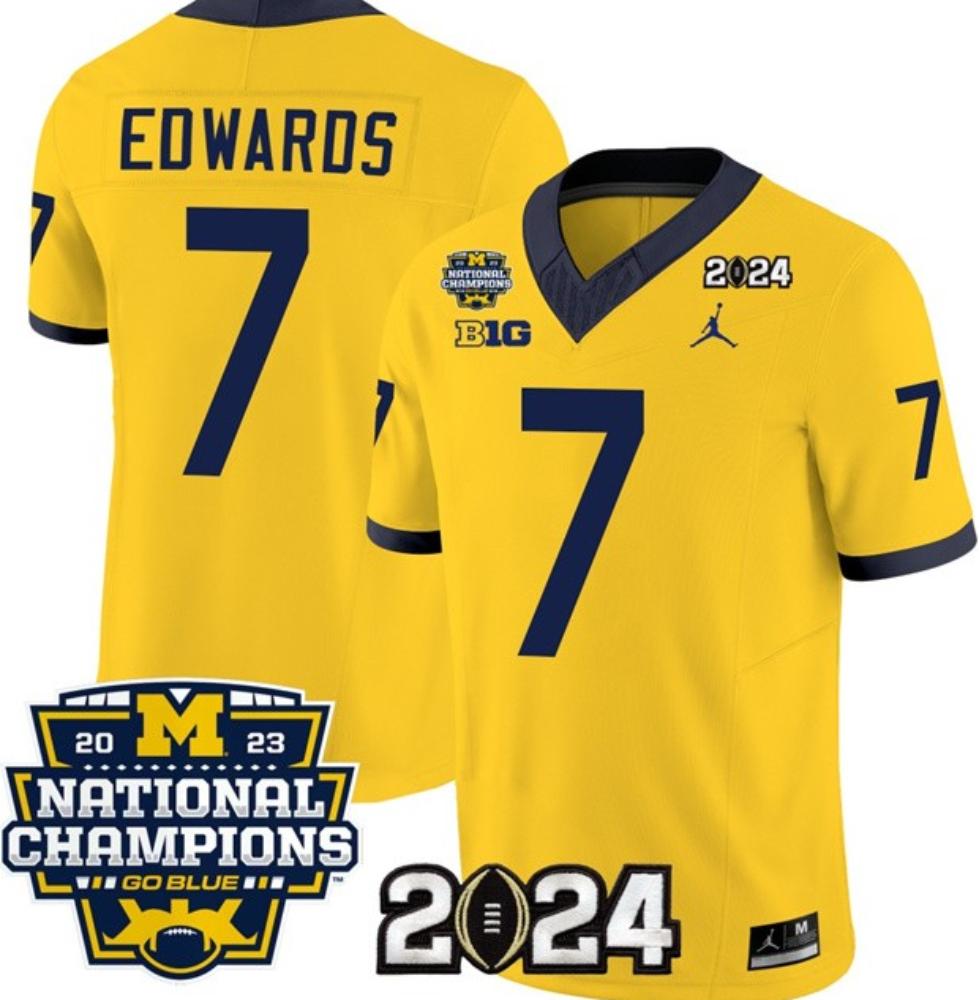 Mens Ncaa Wolverines 7 Donovan Edwards Yellow 2024 With 2023 National Champions