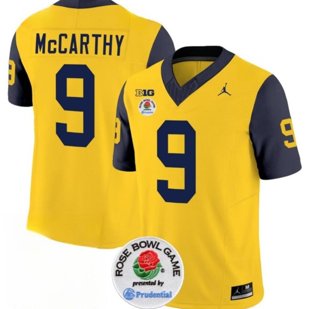 Mens Ncaa Wolverines 9 Jj Mccarthy 2023 Fuse Yellow Navy Rose Bowl Patch