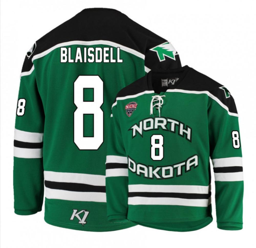 Mens North Dakota Fighting Hawks 8 Harrison Blaisdell Green Hockey Jersey