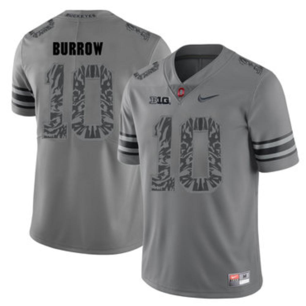 Mens Ohio State Buckeyes 10 Joe Burrow Gray Shadow College Football Jersey