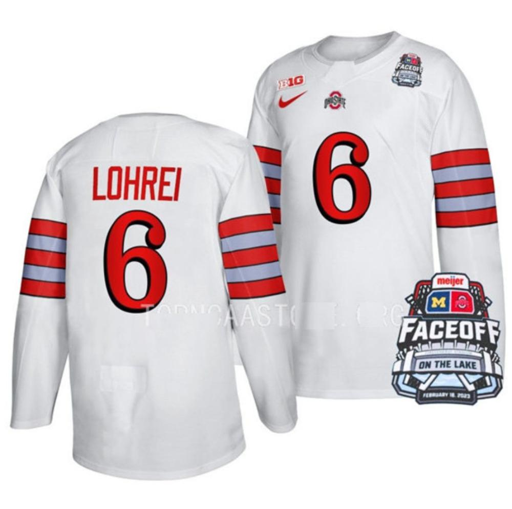 Mens Ohio State Buckeyes 6 Mason Lohrei College Hockey Jersey White