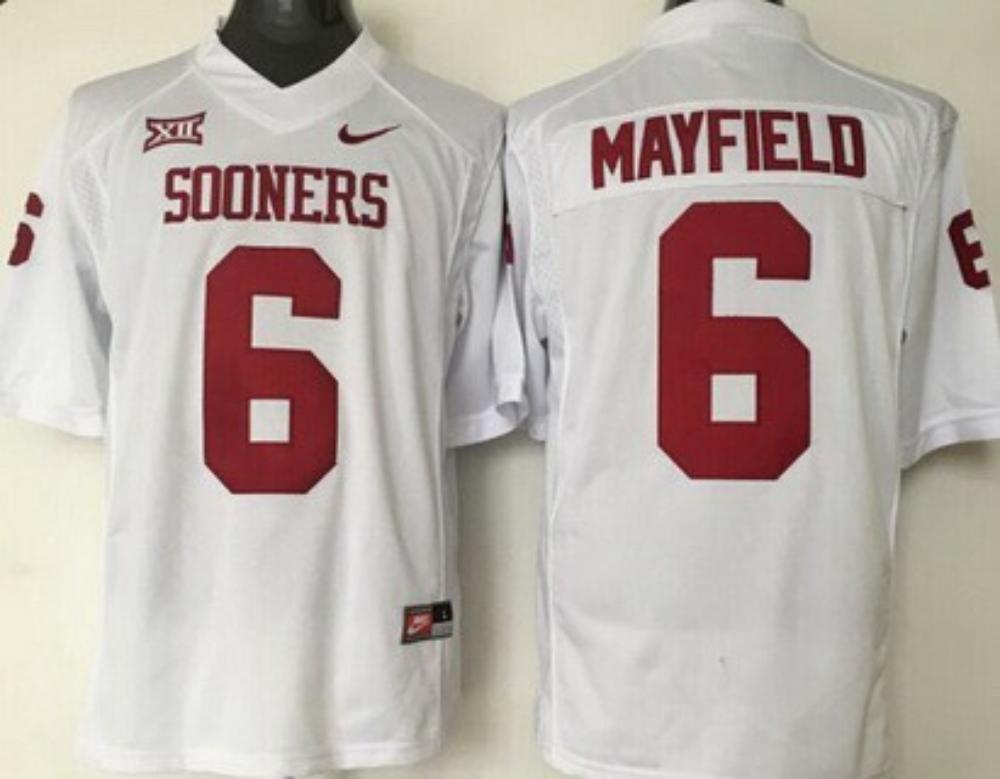 Mens Oklahoma Sooners 6 Baker Mayfield White Ncaa Jersey