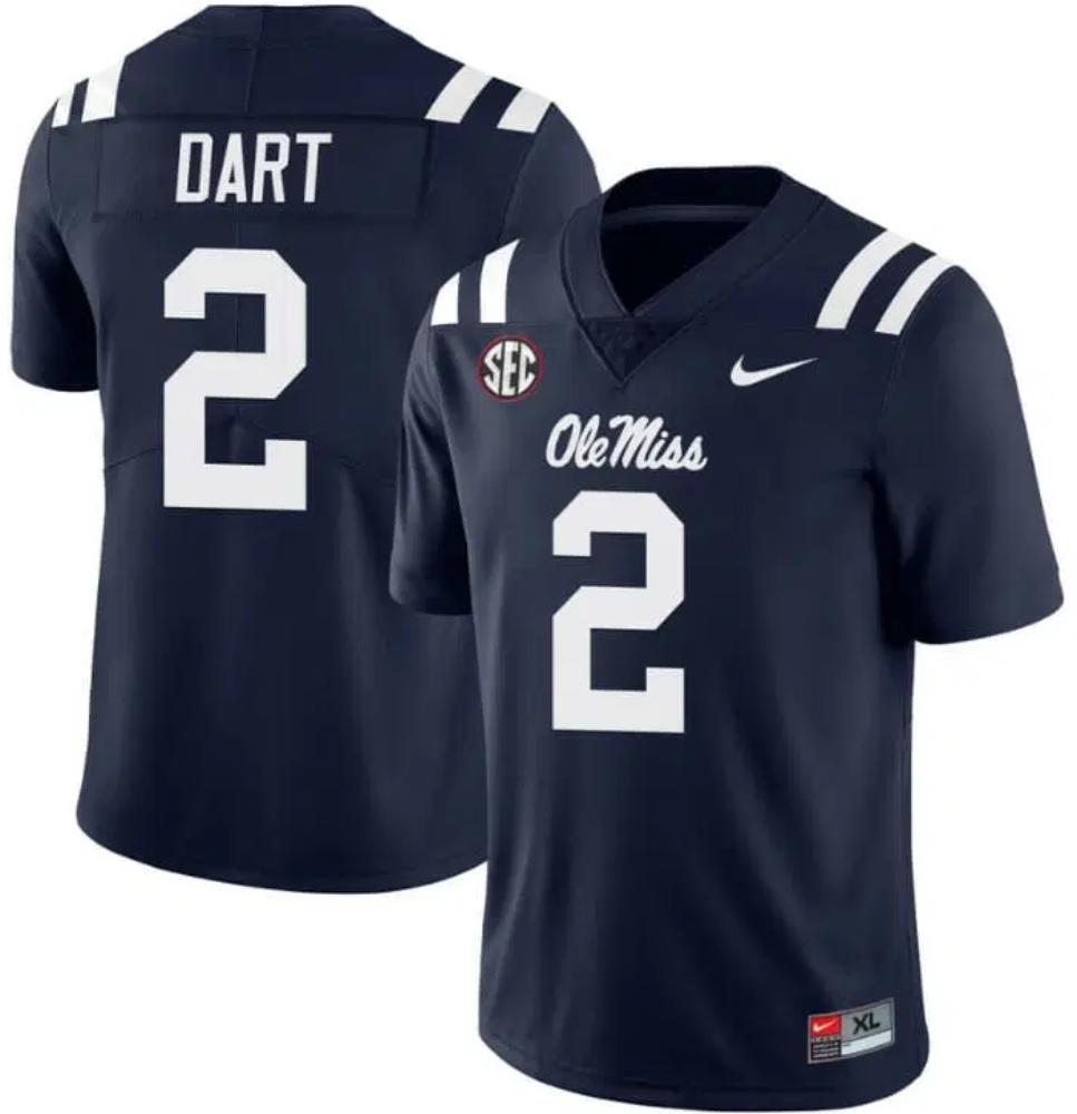 Mens Ole Miss Rebels Jaxson Dart Jersey 2 College Football Navy Blue Jersey
