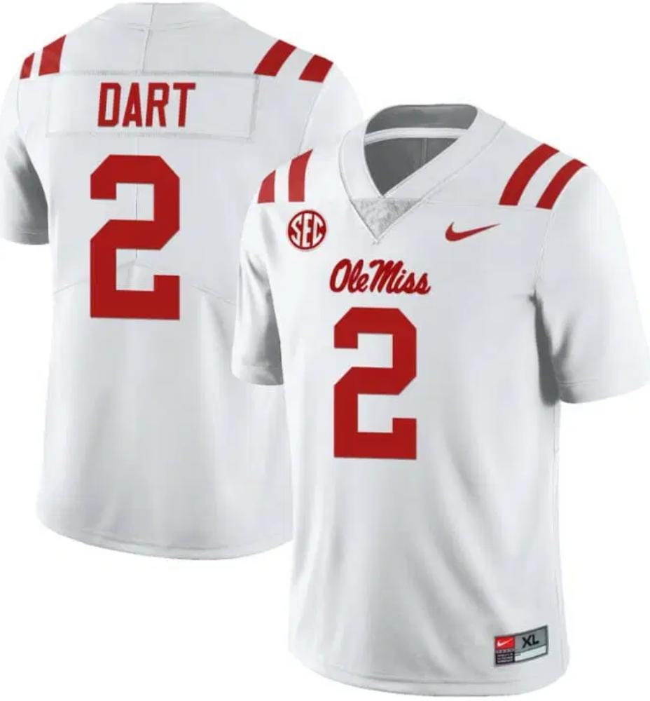 Mens Ole Miss Rebels Jaxson Dart Jersey 2 College Football White Jersey