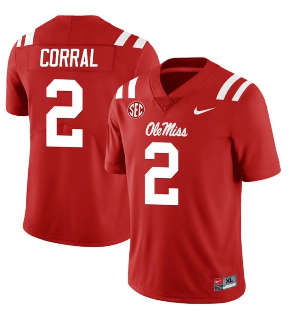 Mens Ole Miss Rebels Matt Corral Jersey 2 College Red