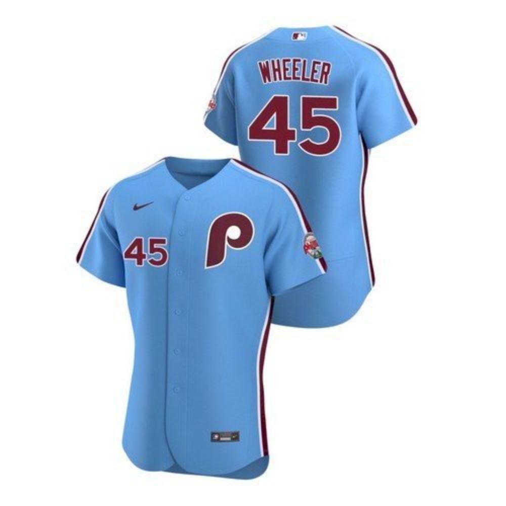 Mens Philadelphia Phillies 45 Zack Wheeler Flex Base Jersey Light Blue
