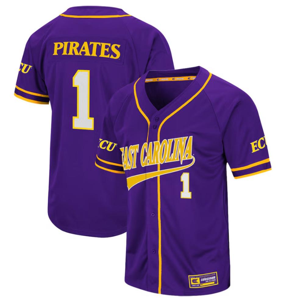 Mens Pirates Turf 1 Jersey Ncaa 2024 East Carolina Baseball Jersey Purple