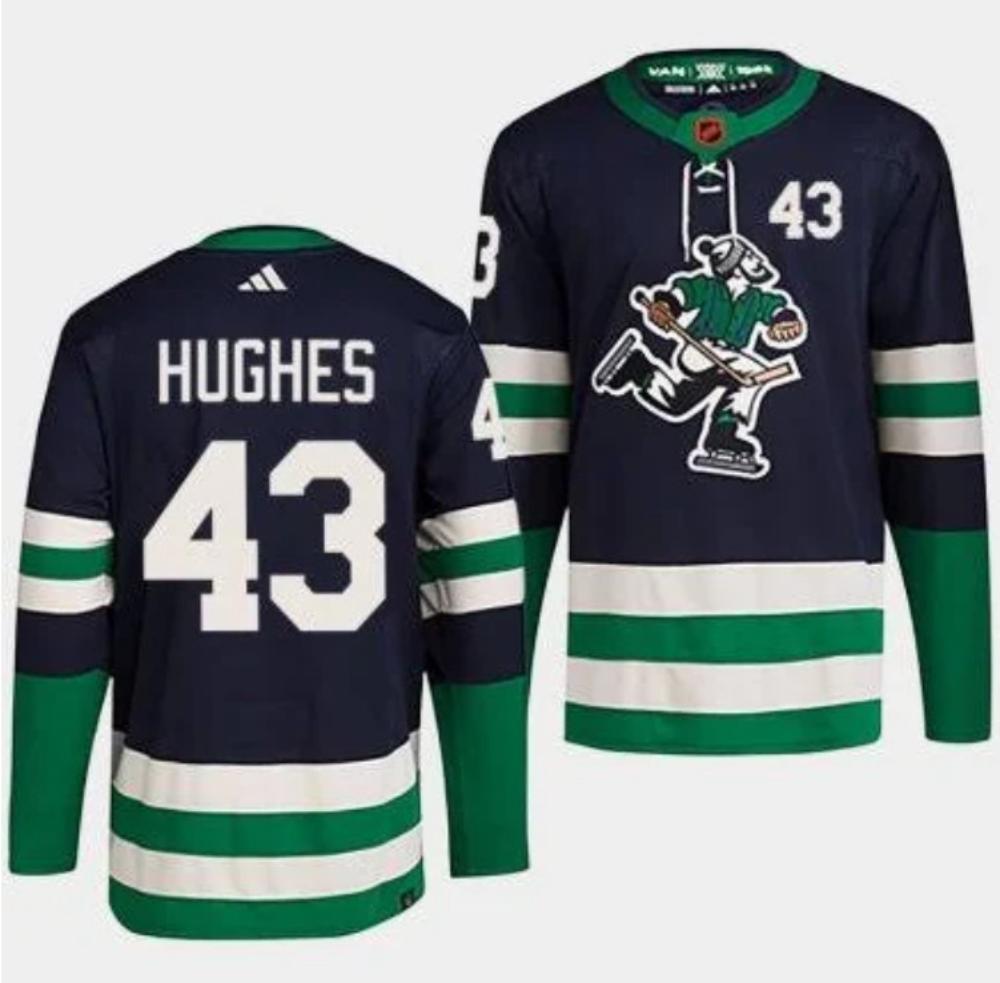 Mens Quinn Hughes 43 Vancouver Canucks Breakaway Stitched Hockey Jersey Navy