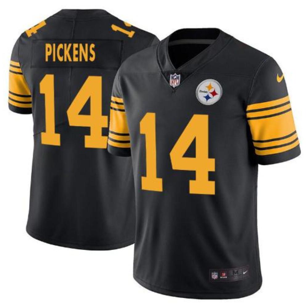 Mens Steelers 14 George Pickens Black Rush Gold Stitched Limited Jersey