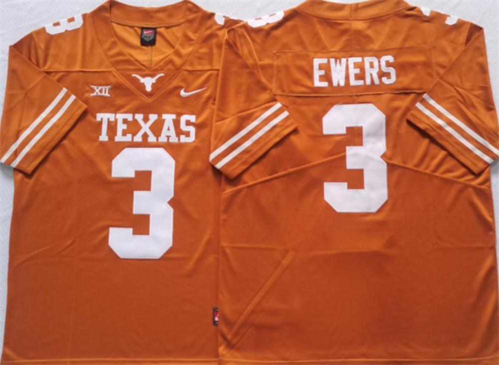 Mens Texas Longhorns 3 Ewers Orange Stitched Jersey