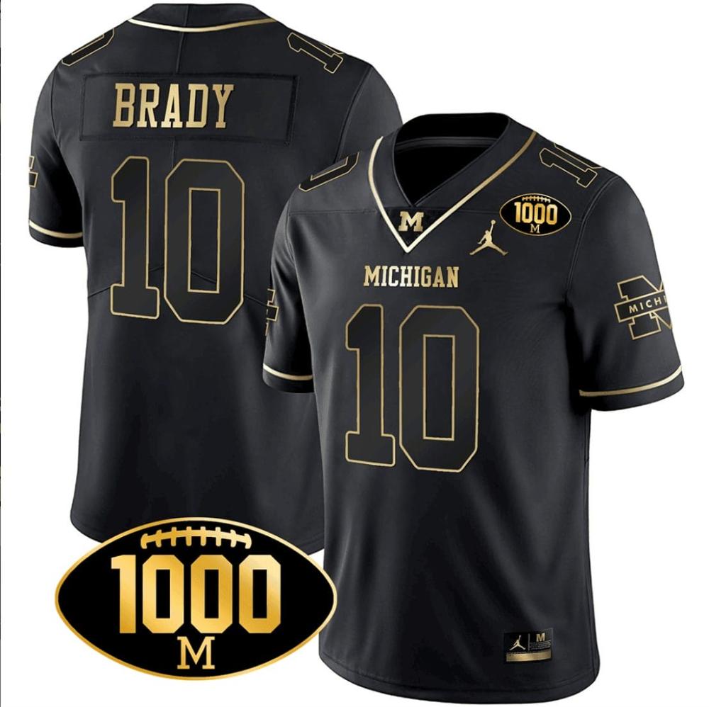 Mens Tom Brady Jersey 10 Michigan Wolverines 1000 Wins Patch Football Black G