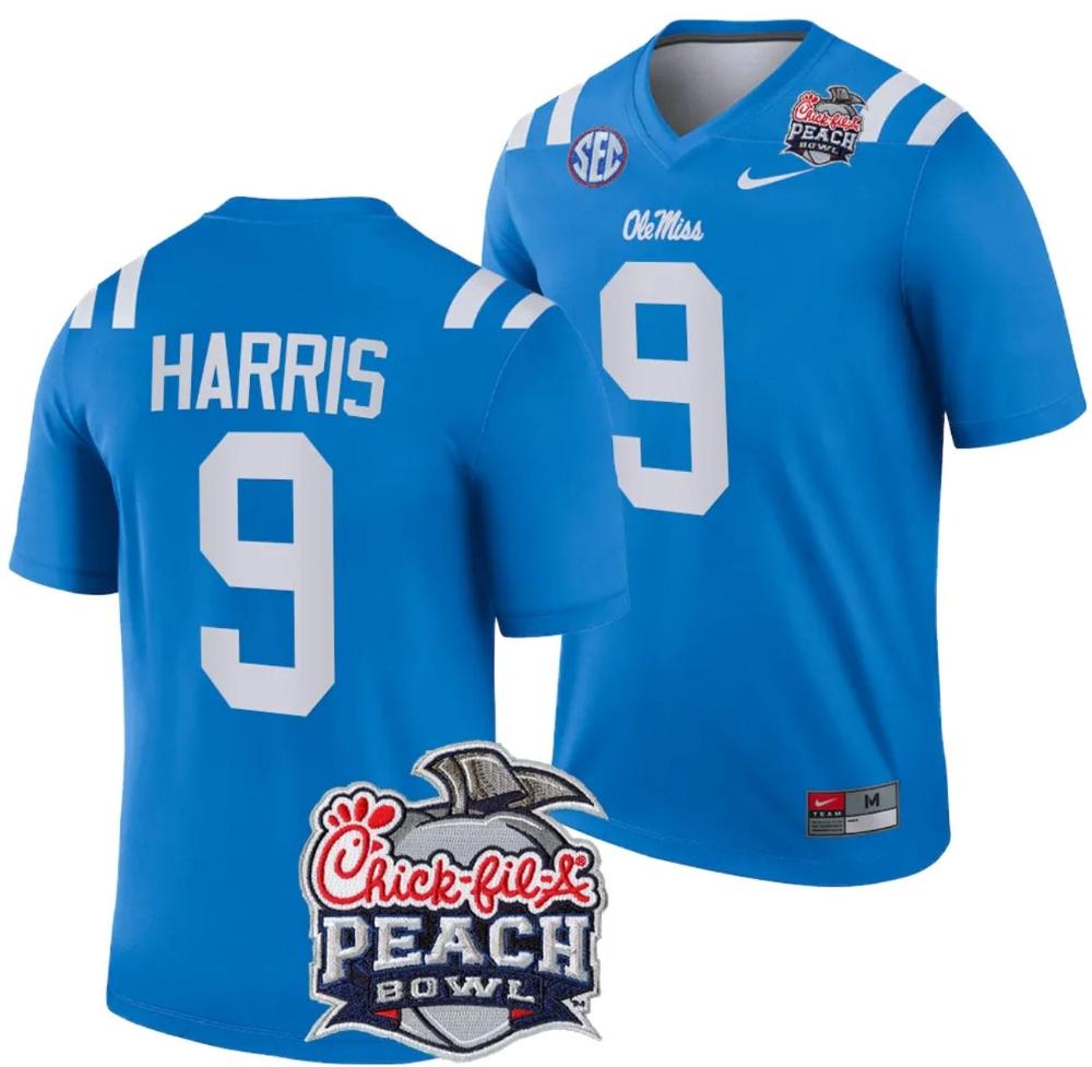 Mens Tre Harris Jersey 9 Ole Miss Rebels Peach Bowl Patch 2024 College Blue