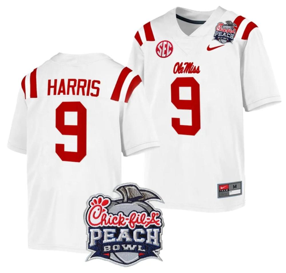 Mens Tre Harris Jersey 9 Ole Miss Rebels Peach Bowl Patch 2024 College White